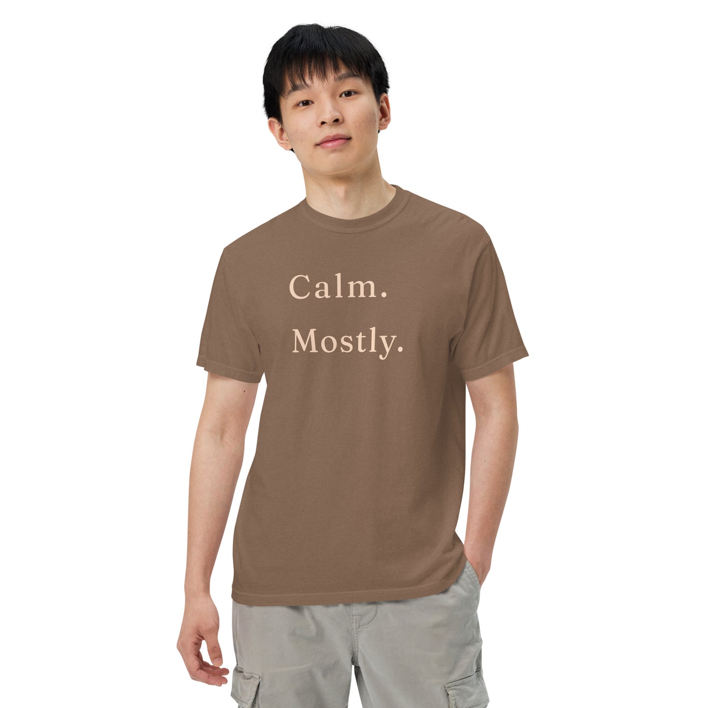 Man wearing espresso Calm Mostly Comfort Colors T-shirt in relaxed everyday style.