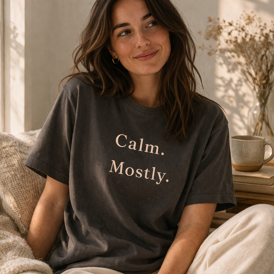 Woman wearing pepper Comfort Colors T-shirt with “Calm. Mostly.” text, soft natural light with calm, cosy feel