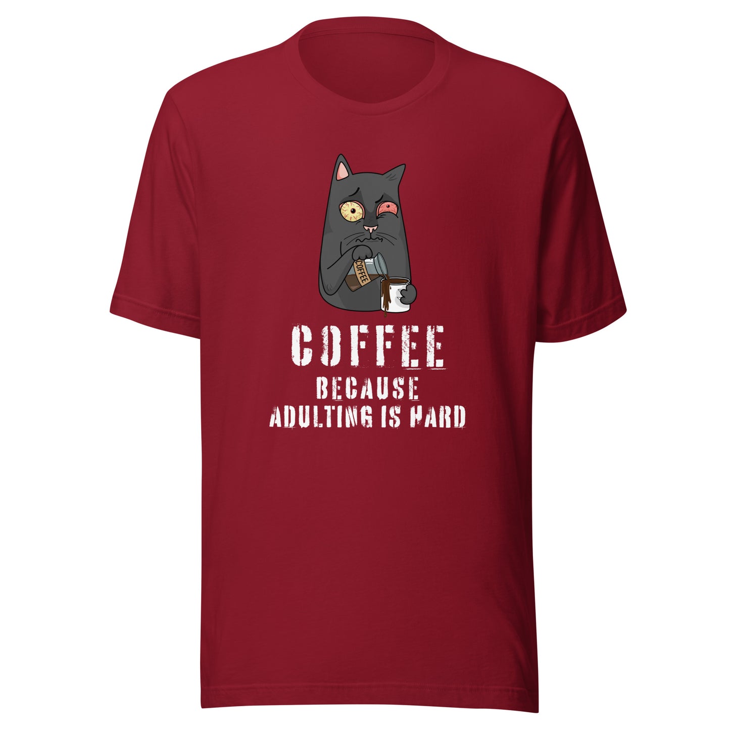 Coffee Because Adulting Is Hard T-shirt in burgundy colour with cat and coffee graphic