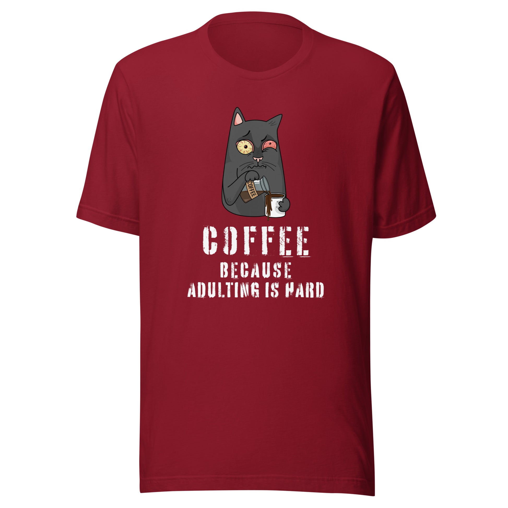 Coffee Because Adulting Is Hard T-shirt in burgundy colour with cat and coffee graphic