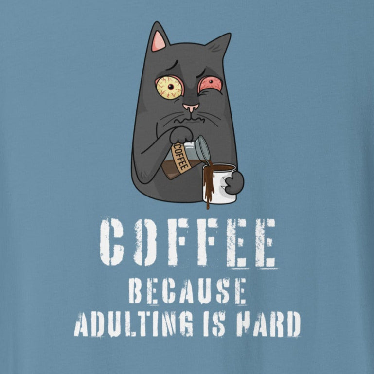 Coffee Because Adulting Is Hard cat illustration with coffee mug on minimalist background