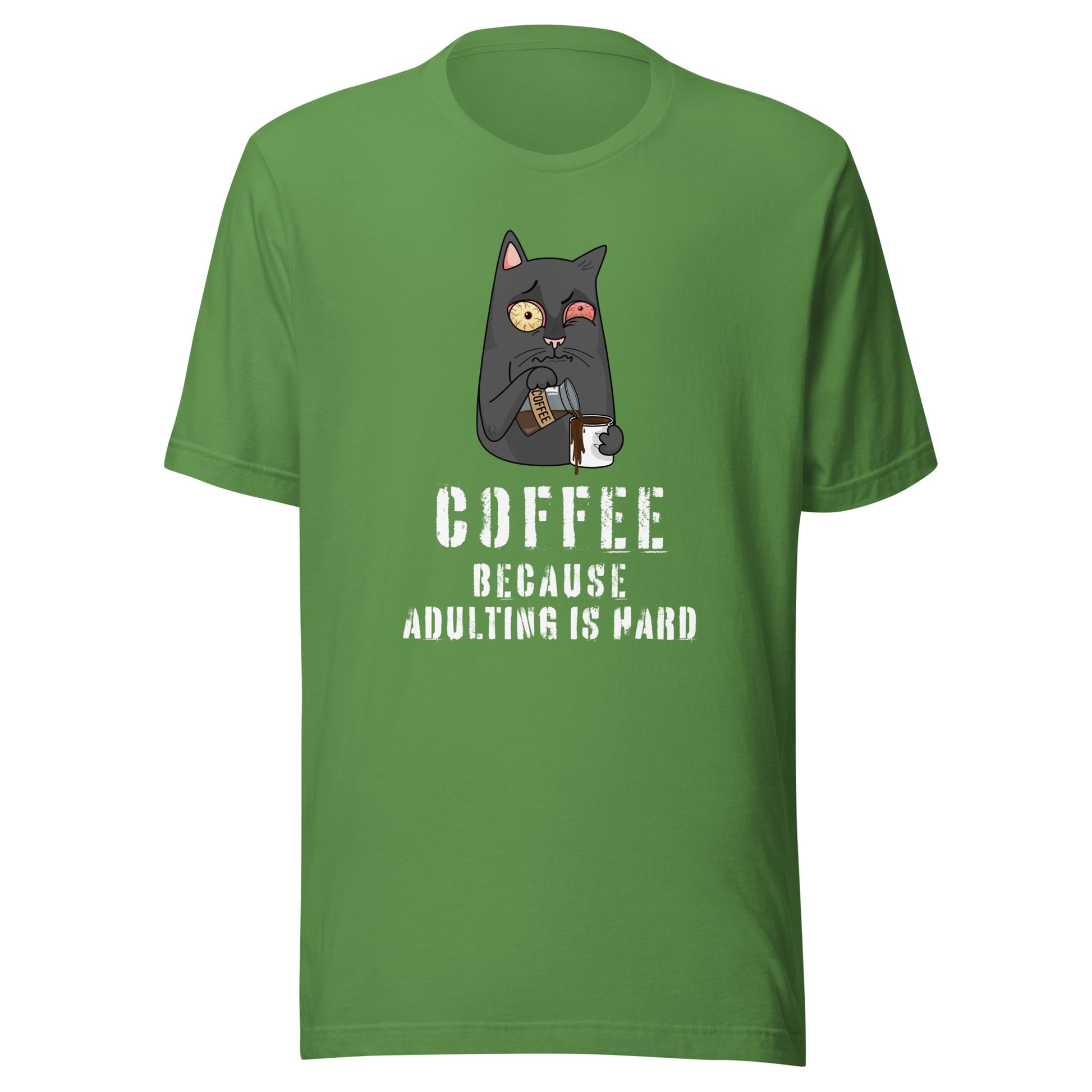 Coffee Because Adulting Is Hard T-shirt in green colour with cat holding coffee mug graphic