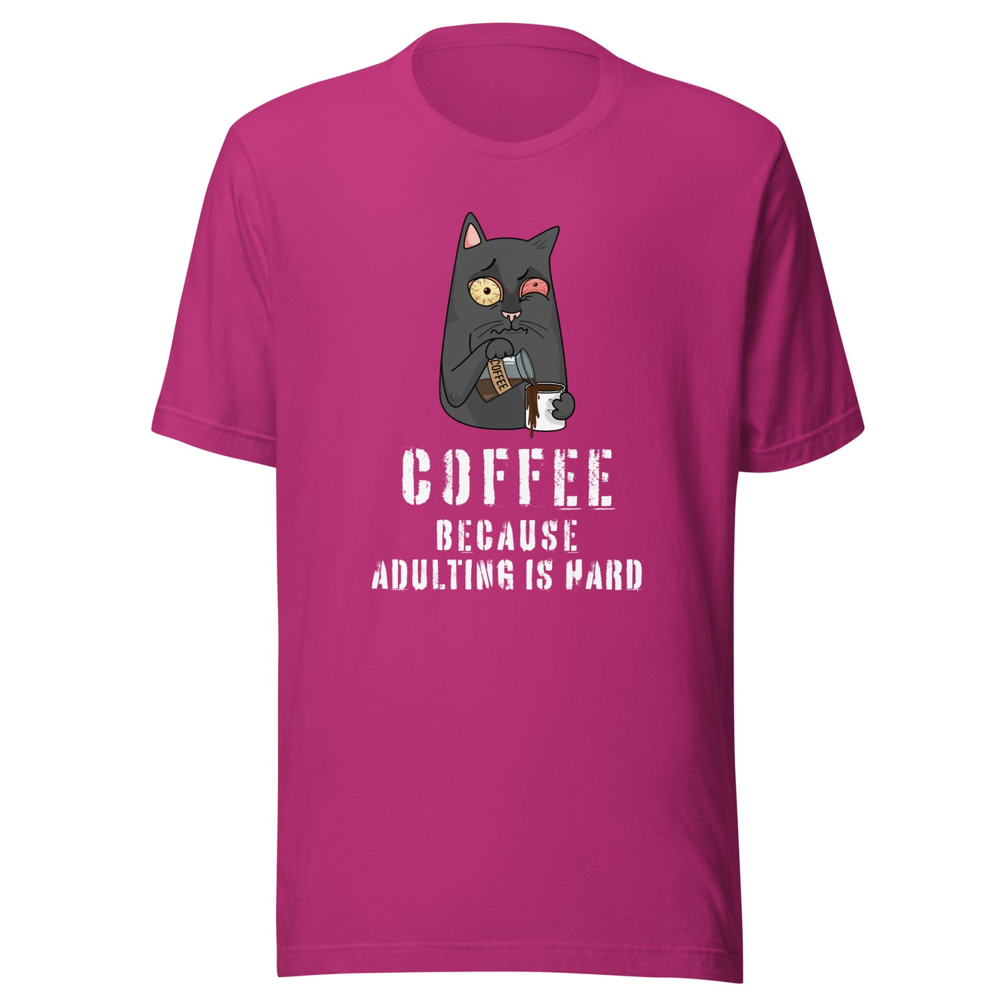 Coffee Because Adulting Is Hard T-shirt in pink colour with playful cat coffee illustration