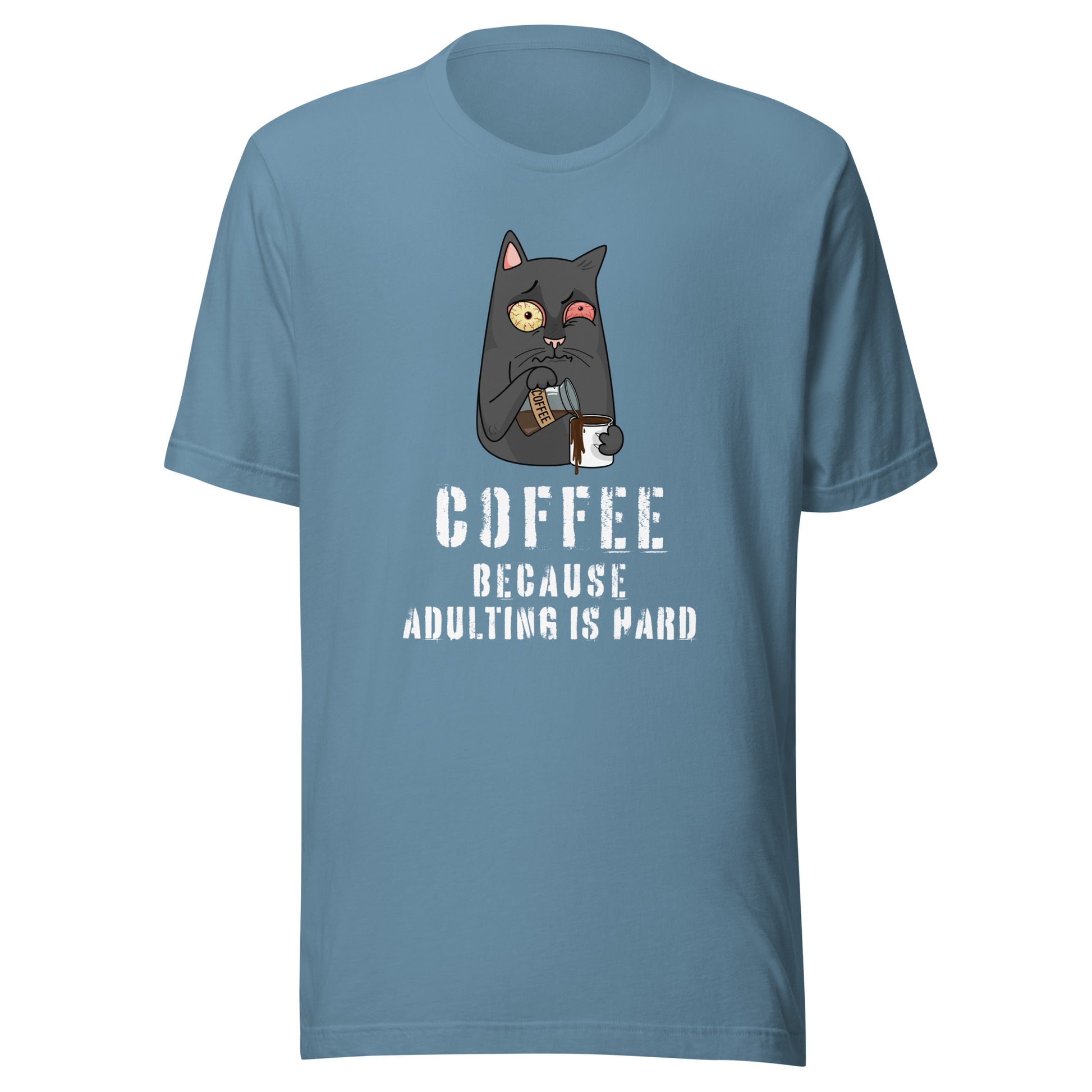 Coffee Because Adulting Is Hard T-shirt featuring illustrated tired cat holding a coffee mug on blue unisex tee