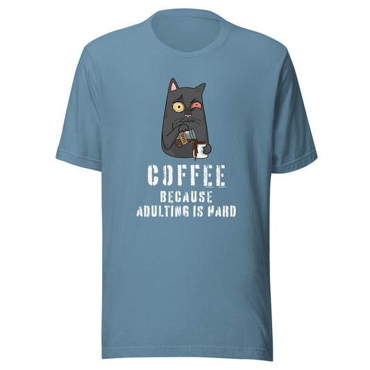 Coffee Because Adulting Is Hard T-shirt featuring illustrated tired cat holding a coffee mug on blue unisex tee