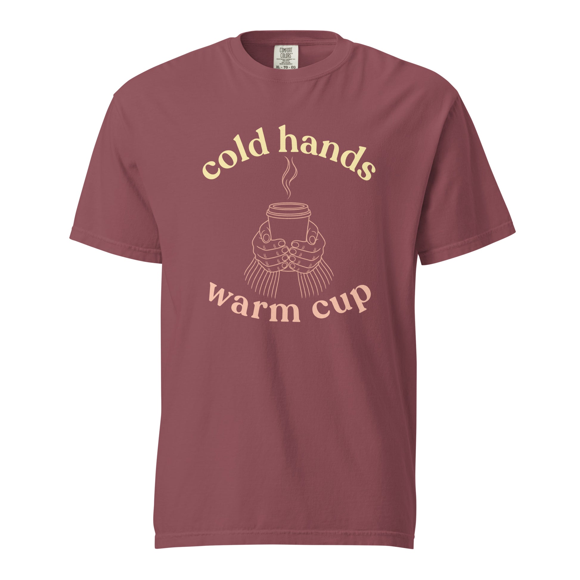 Cold Hands Warm Cup unisex Comfort Colors T-Shirt in Brick with warm fall design