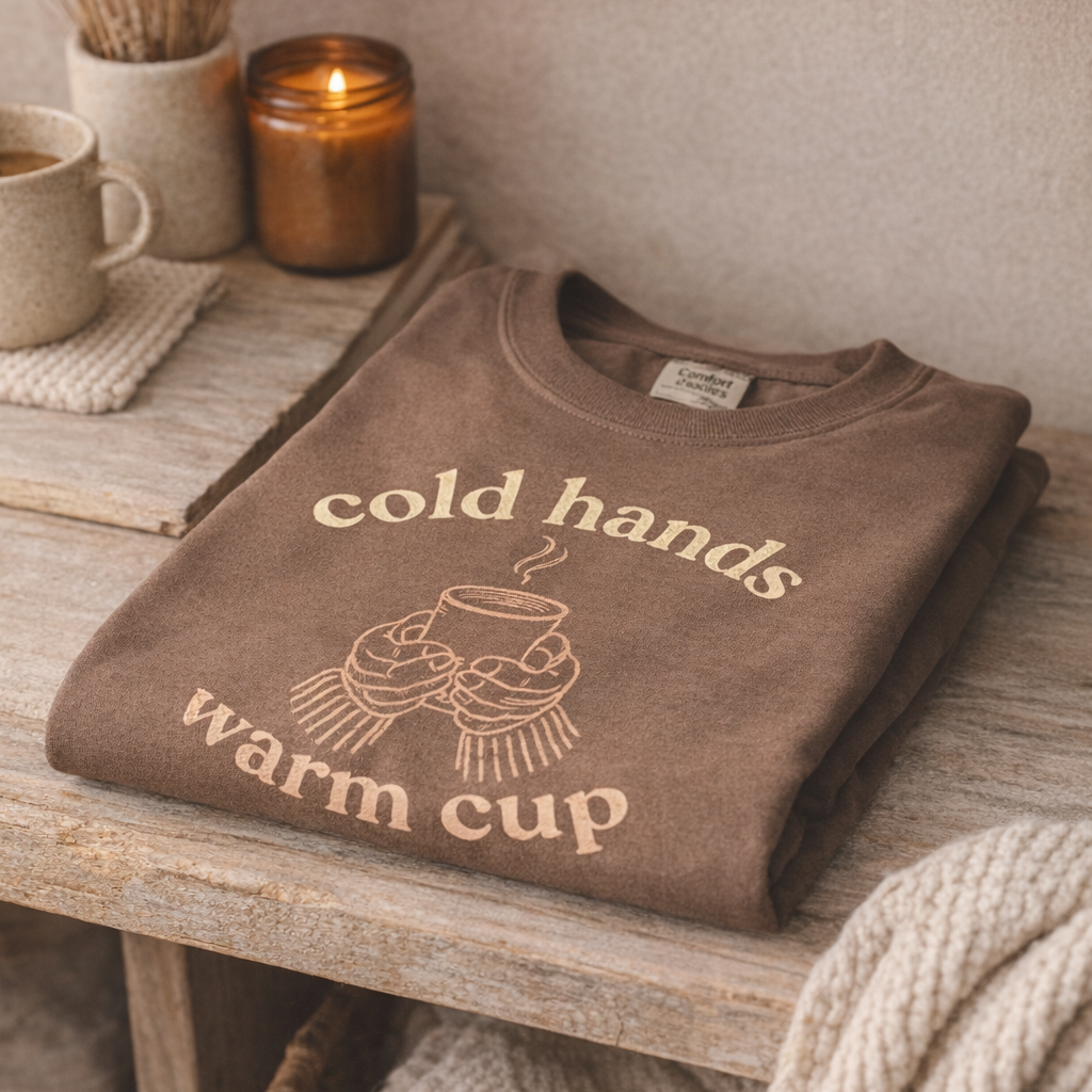 Folded Espresso Comfort Colors T-Shirt with Cold Hands Warm Cup autumn graphic displayed on a wooden shelf with candle and cozy home decor