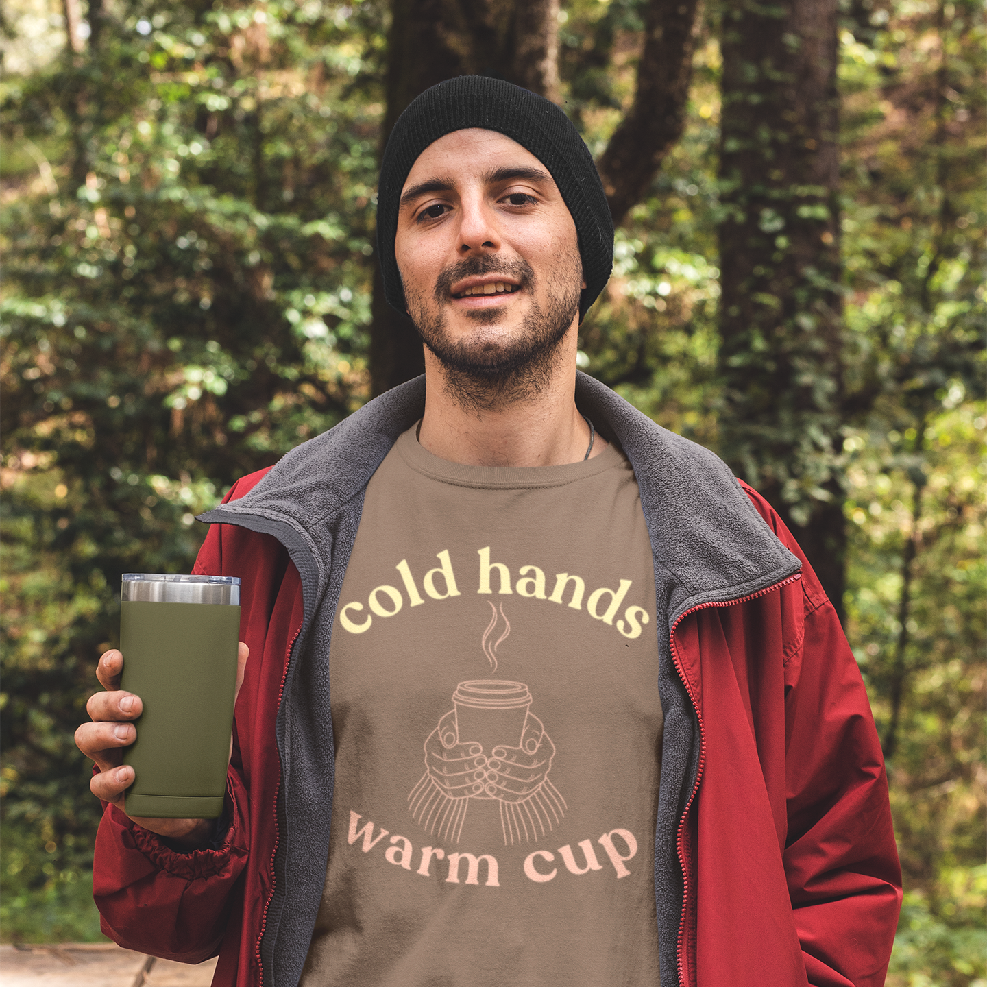 Man wearing Espresso Cold Hands Warm Cup autumn T-Shirt outdoors holding a travel mug