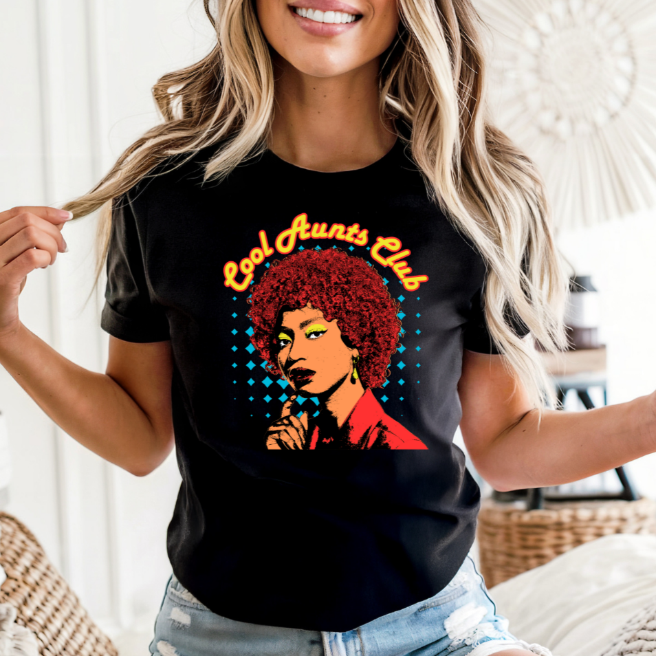 Woman wearing Cool Aunts Club t-shirt lifestyle mockup
