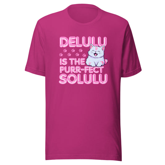 Delulu is the Purr-fect Solulu cat T-shirt in pink featuring a smiling white cartoon cat and playful slogan