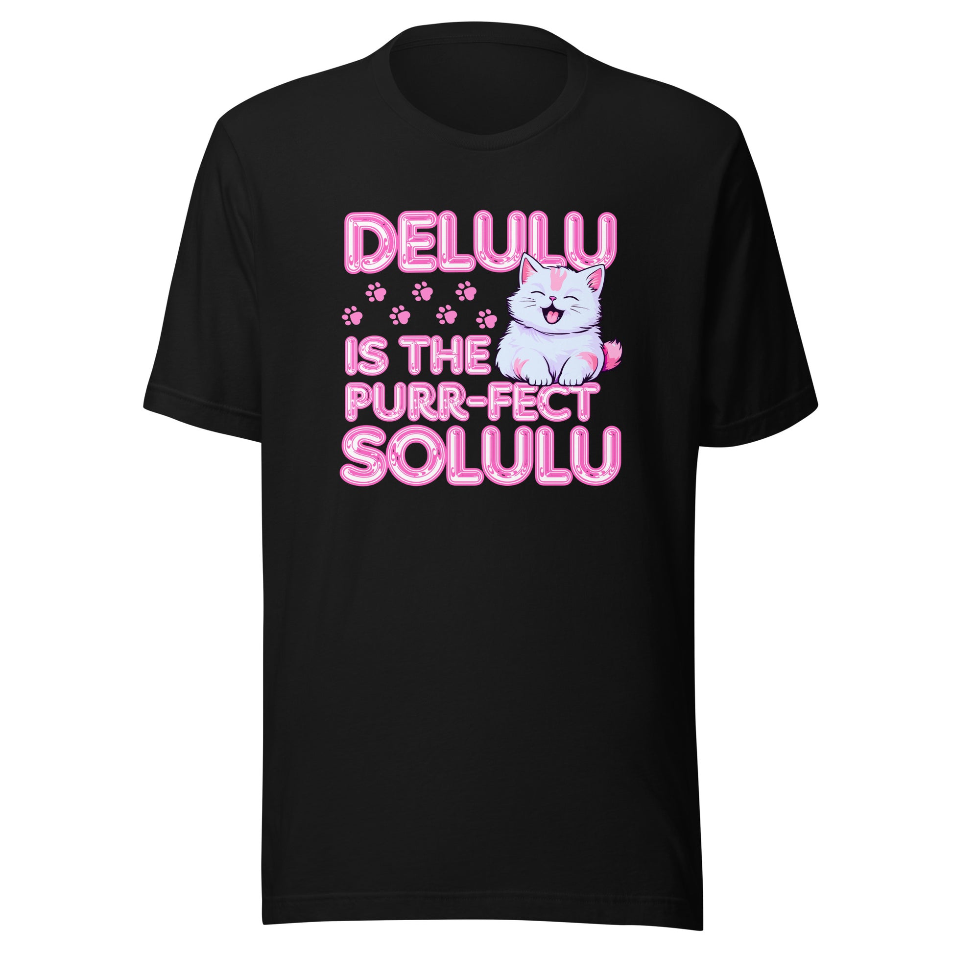 Delulu is the Purr-fect Solulu funny cat T-shirt in black with pink lettering and kitten design
