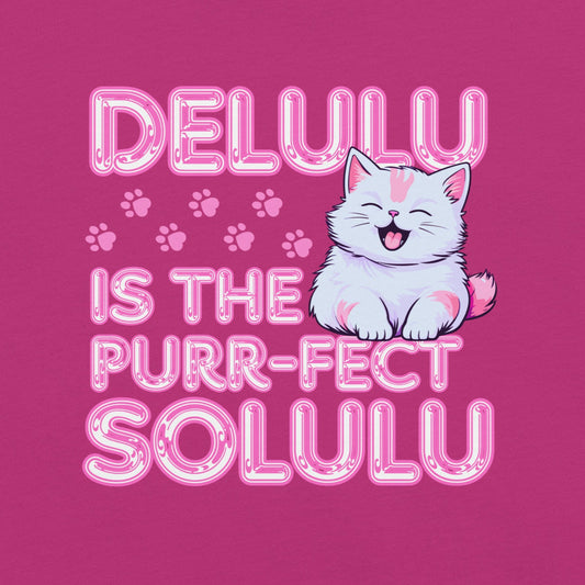 Delulu is the Purr-fect Solulu cat illustration with pink text and cute white kitten graphic