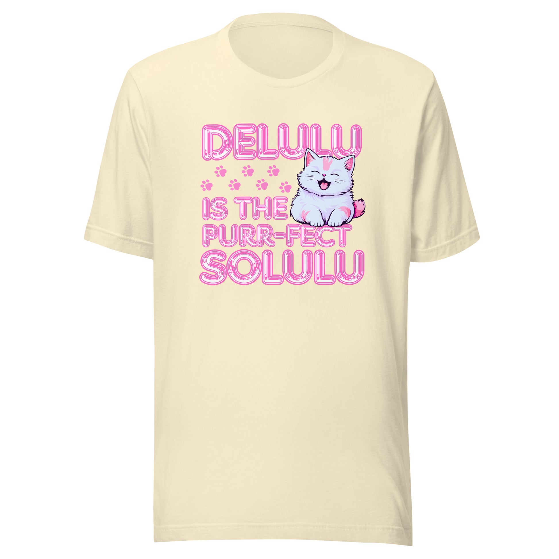 Delulu is the Purr-fect Solulu softly funny cat T-shirt in cream with pink lettering