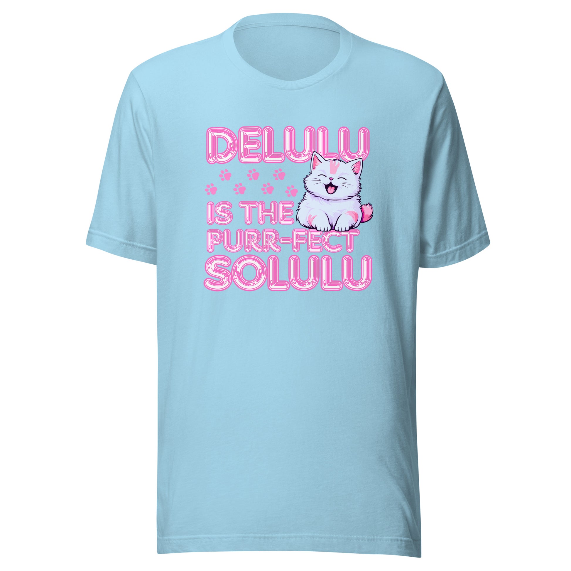 Delulu is the Purr-fect Solulu cat lover T-shirt in light blue with pink slogan and kitten