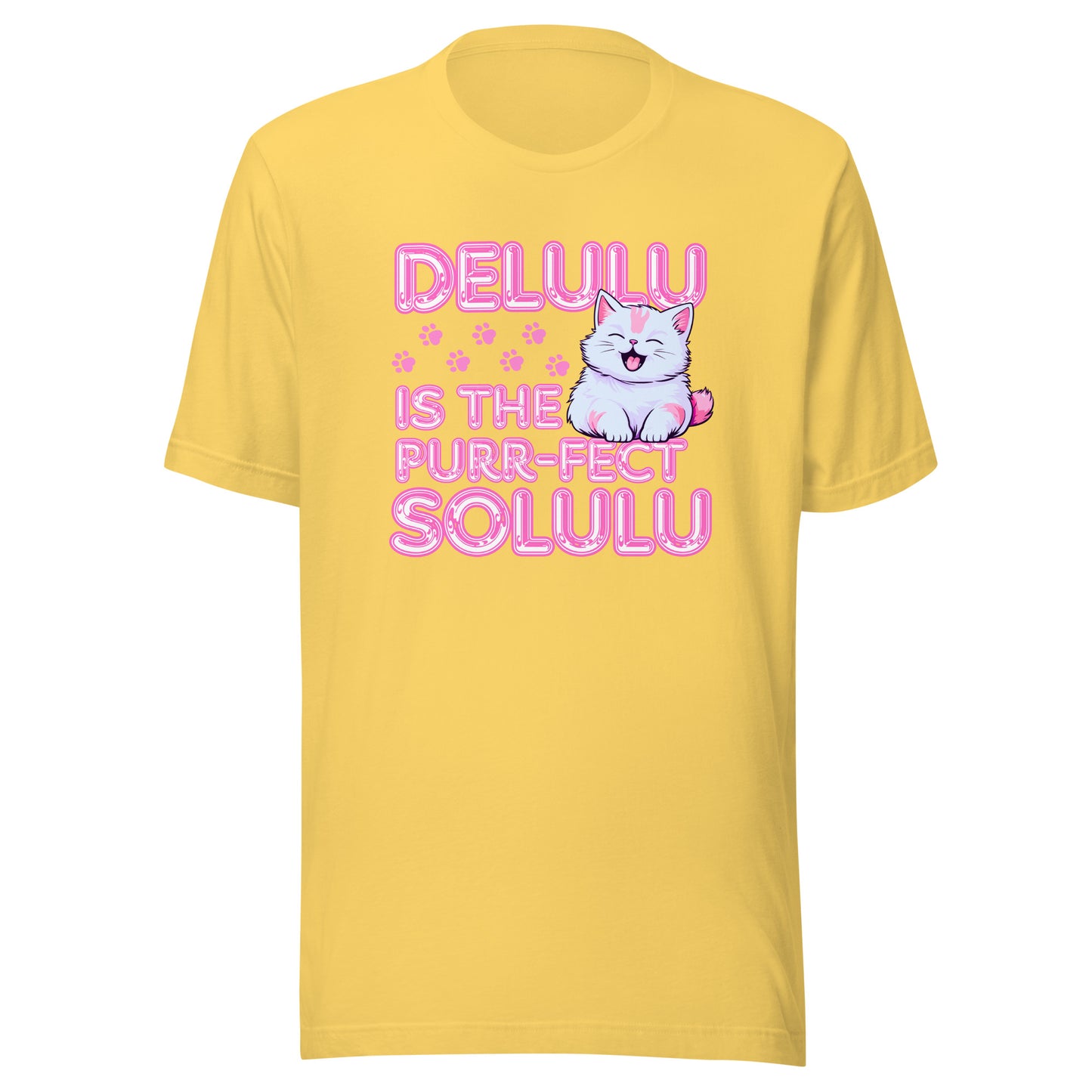 Delulu is the Purr-fect Solulu cute cat T-shirt in yellow with playful pink text and kitten