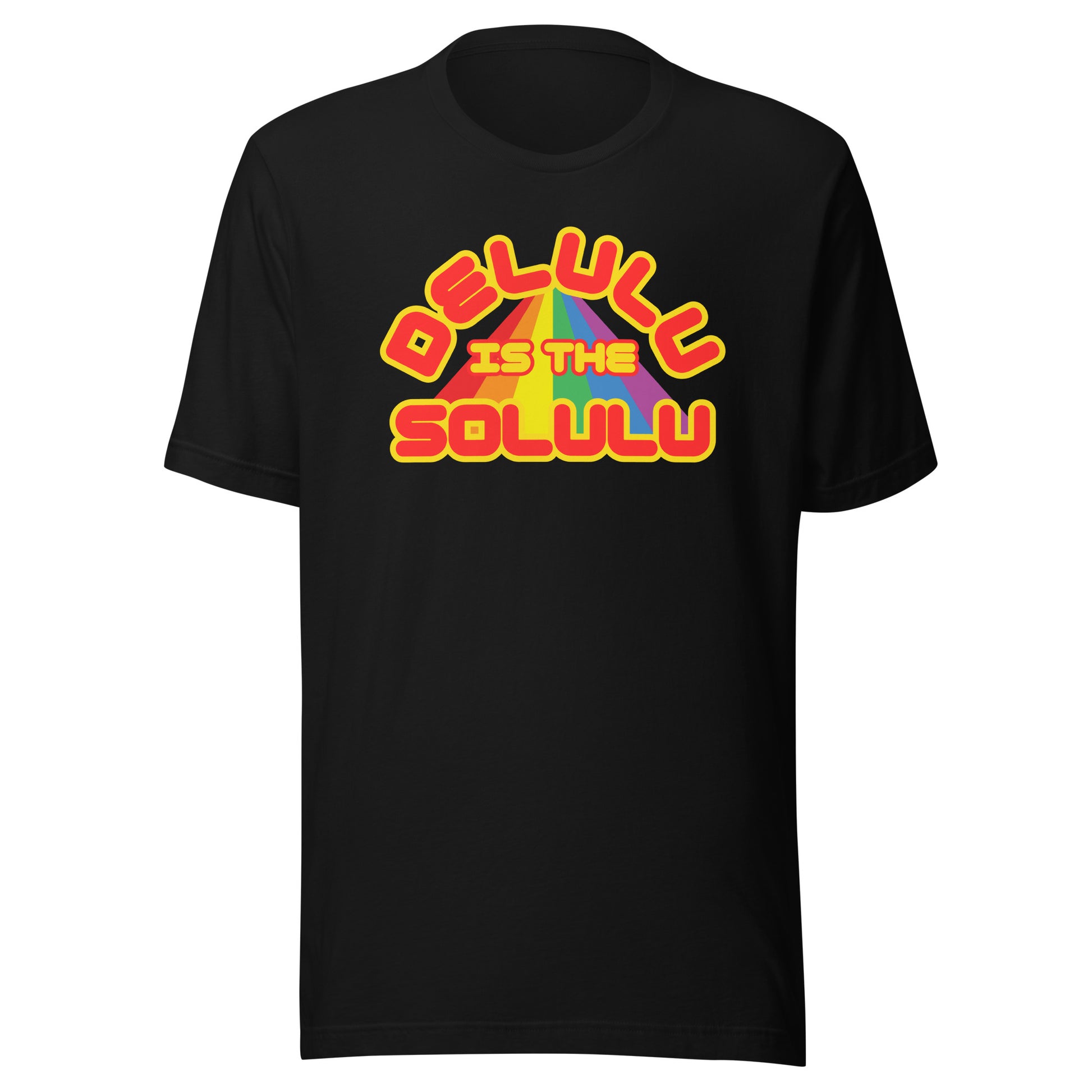 Delulu Is the Solulu slogan T-shirt in black with bold rainbow text