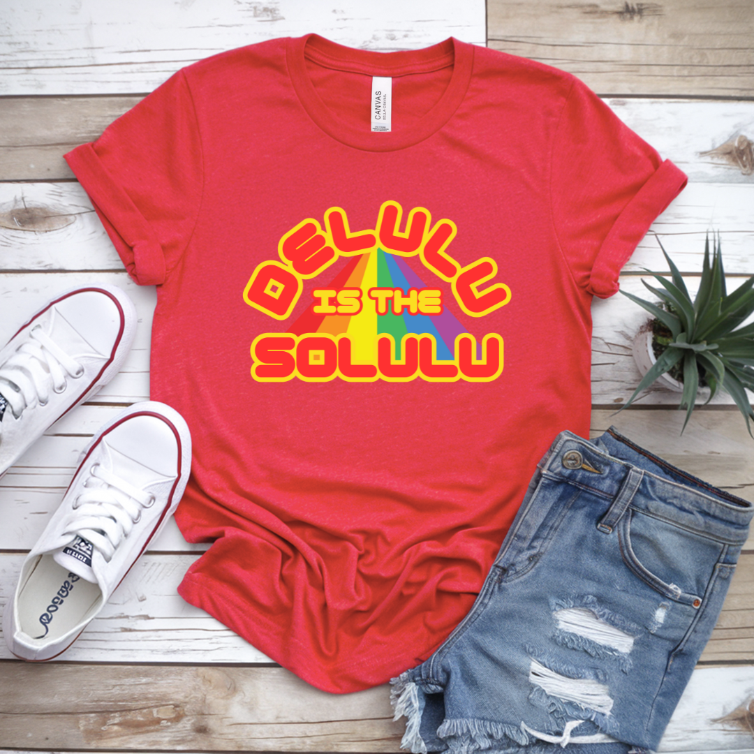 Delulu Is the Solulu T-shirt styled with jeans and sneakers for casual everyday wear