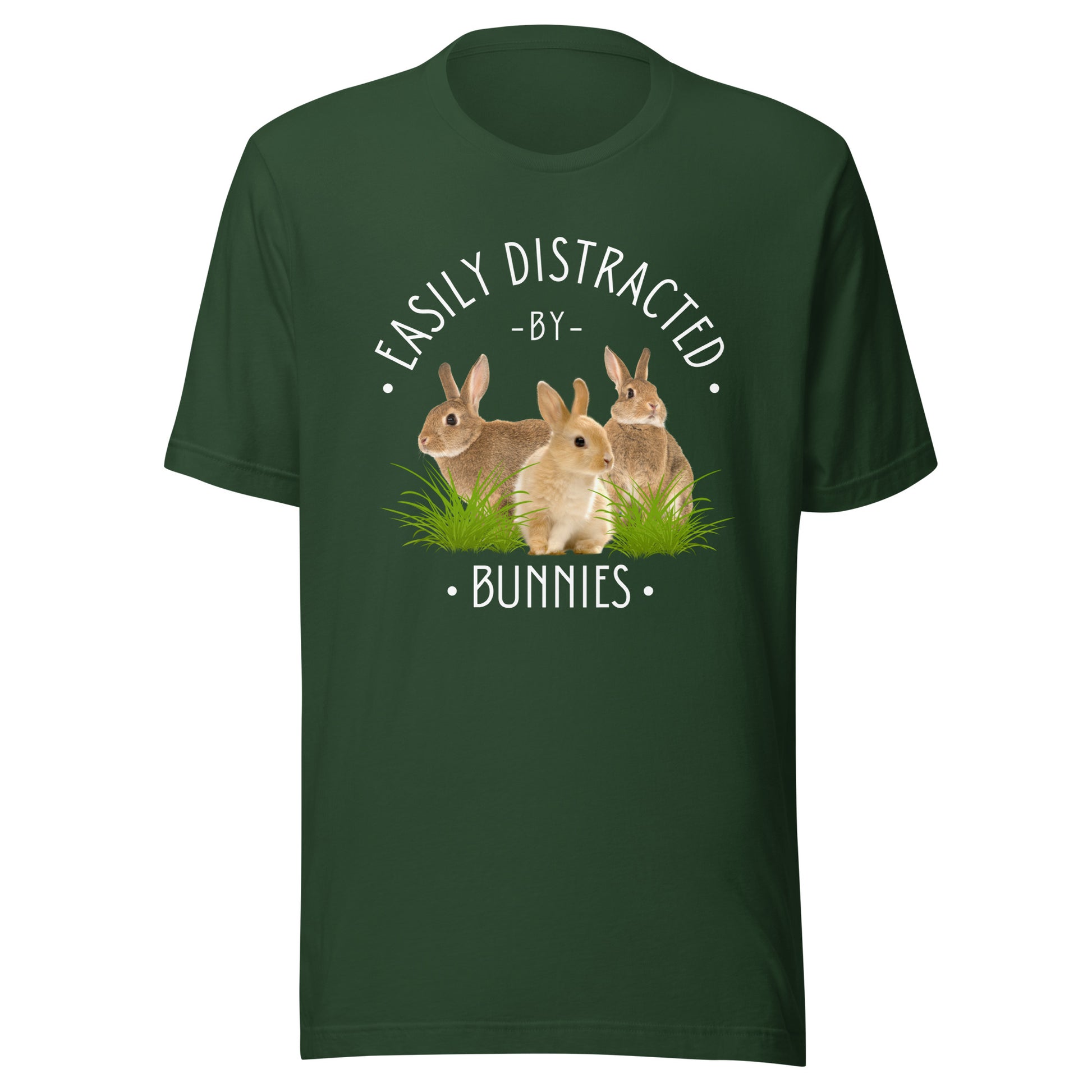 Forest green colourway of Easily Distracted by Bunnies T-shirt