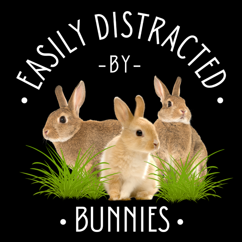 Square design graphic showing three rabbits and Easily Distracted by Bunnies text