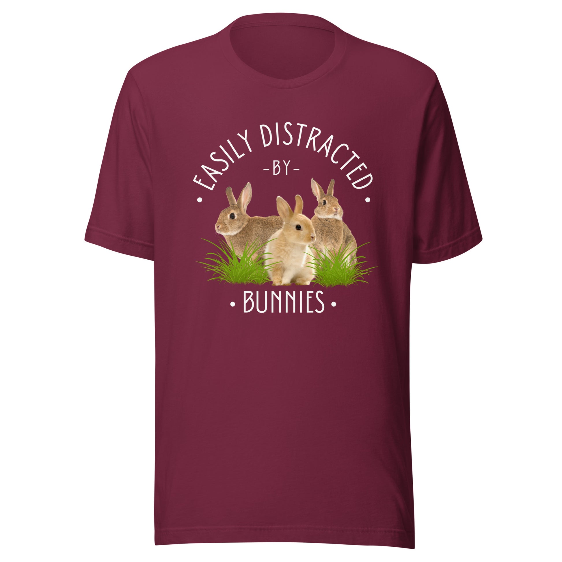 Burgundy maroon colourway of Easily Distracted by Bunnies T-shirt