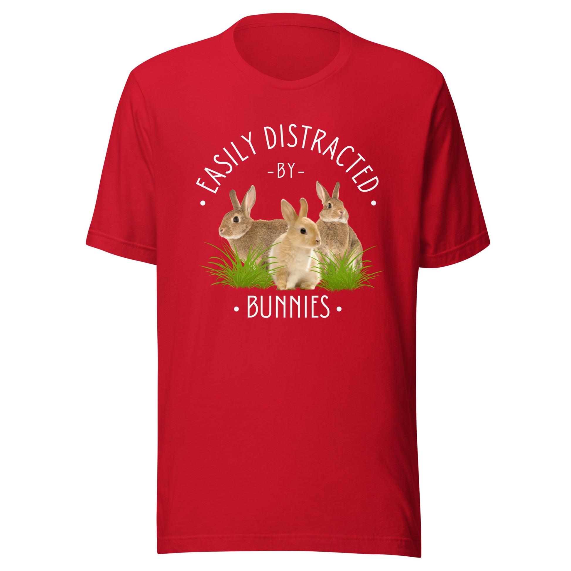 Red colourway of Easily Distracted by Bunnies T-shirt 