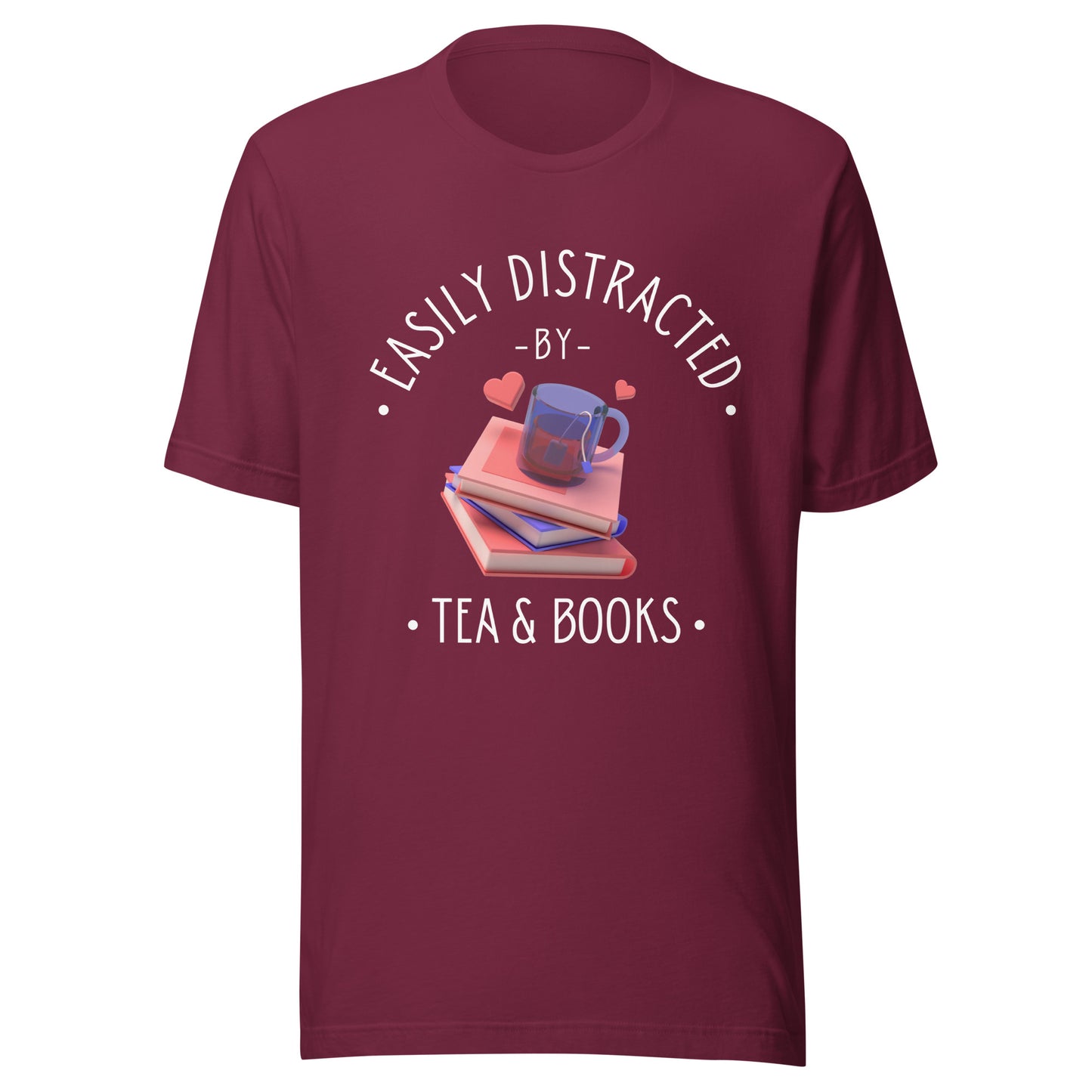 Maroon Easily Distracted by Tea and Books T-Shirt with book stack illustration