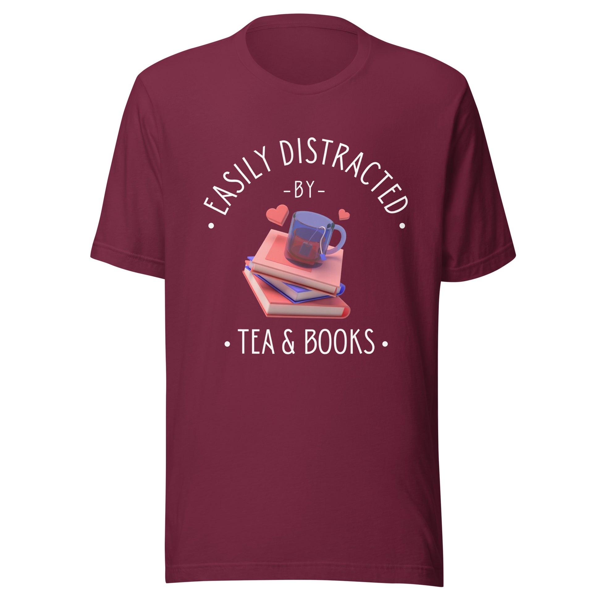 Maroon Easily Distracted by Tea and Books T-Shirt with book stack illustration