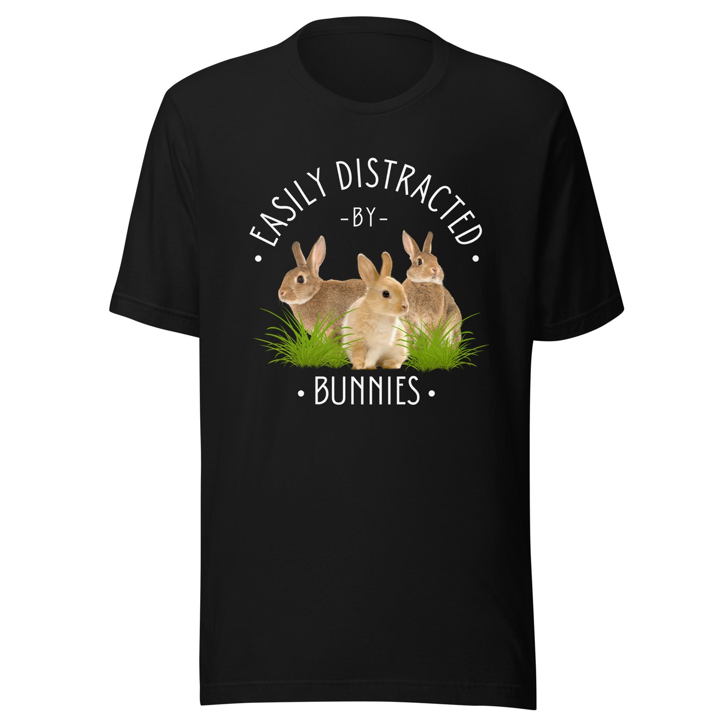Black T-shirt with Easily Distracted by Bunnies slogan and three rabbits illustration