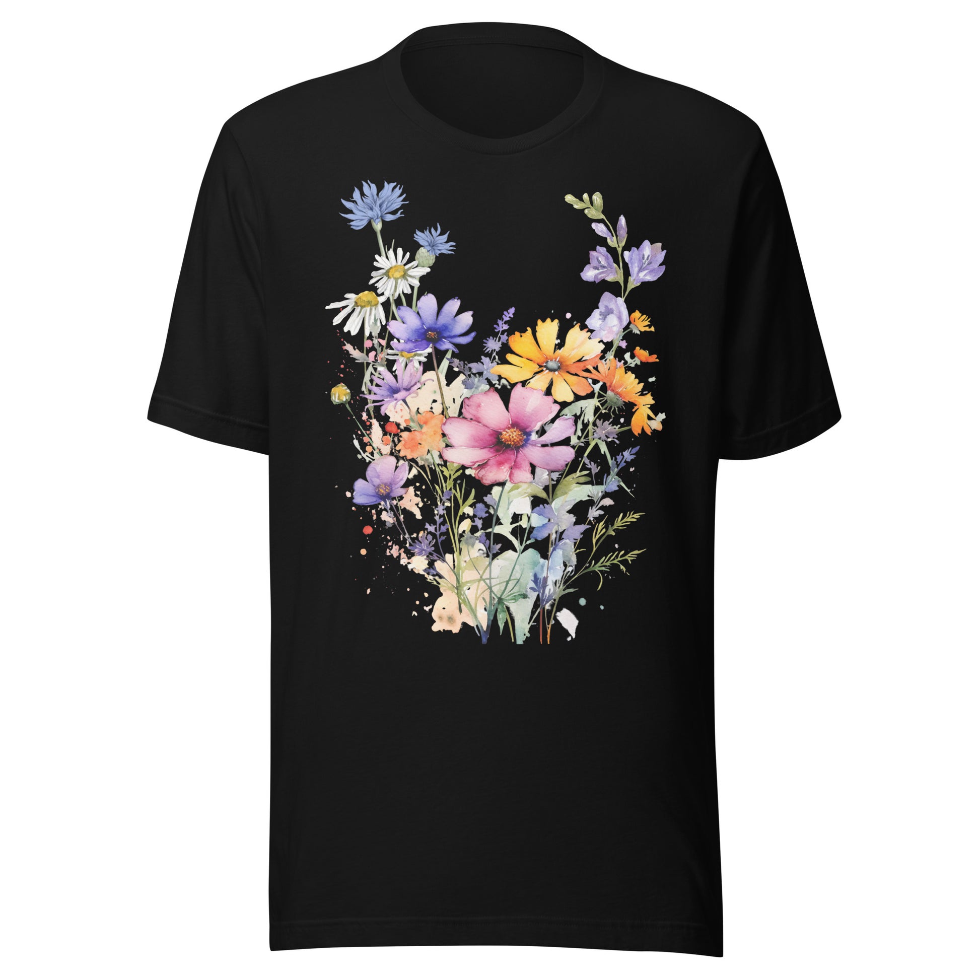 Black wildflower botanical graphic T-Shirt with colourful floral design