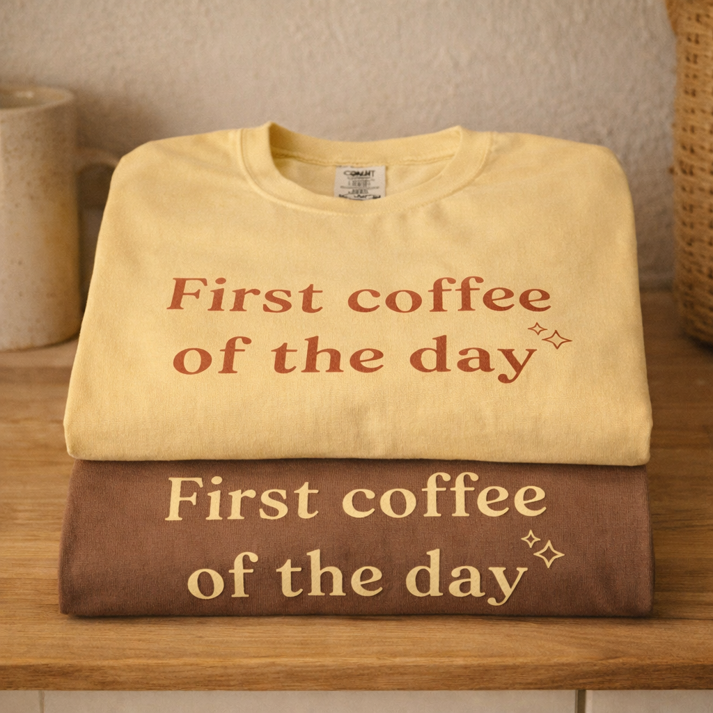 Folded First coffee of the day Comfort Colors T-shirts in butter and espresso stacked on wooden shelf with warm home decor