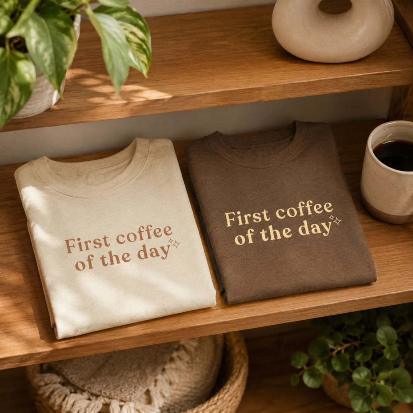 Folded cream and brown First Coffee of the Day T-shirts displayed on a wooden shelf with warm home decor.