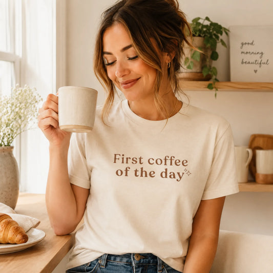 Female model wearing a cream First Coffee of the Day T-shirt while holding a white mug in a warm morning kitchen setting.