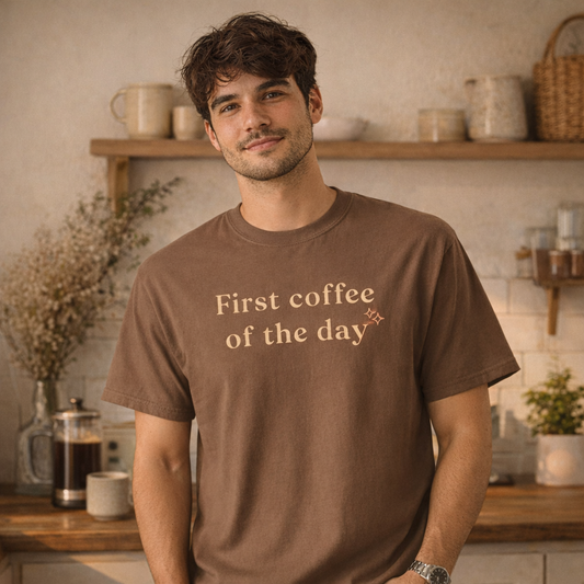 Man wearing espresso First coffee of the day Comfort Colors T-shirt in warm kitchen setting with morning coffee