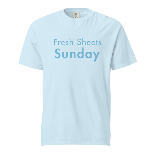 Chambray Comfort Colors T-shirt featuring “Fresh Sheets Sunday” graphic in soft sky blue text