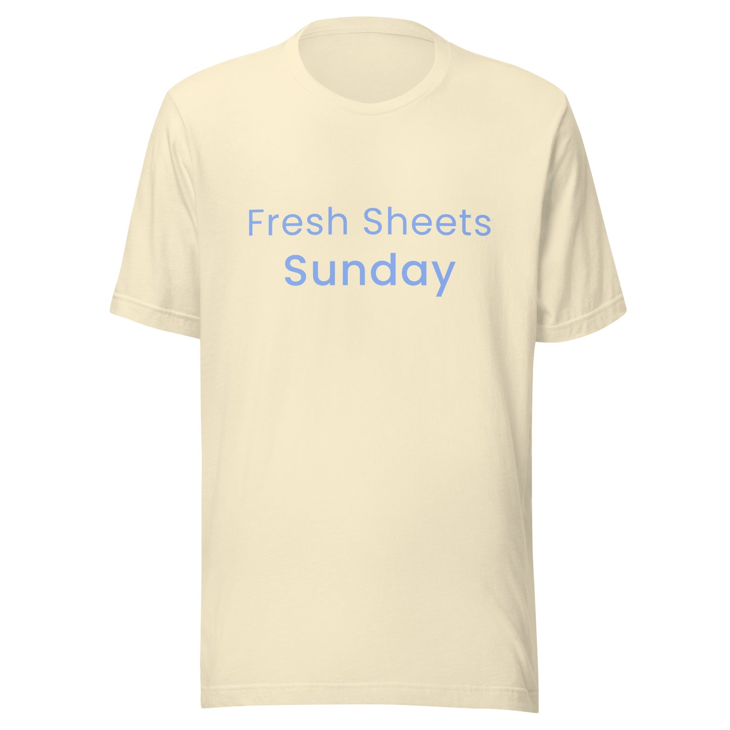Fresh Sheets Sunday T-Shirt in natural with soft blue text, a Bella+Canvas unisex tee inspired by slow Sundays and fresh bedding.
