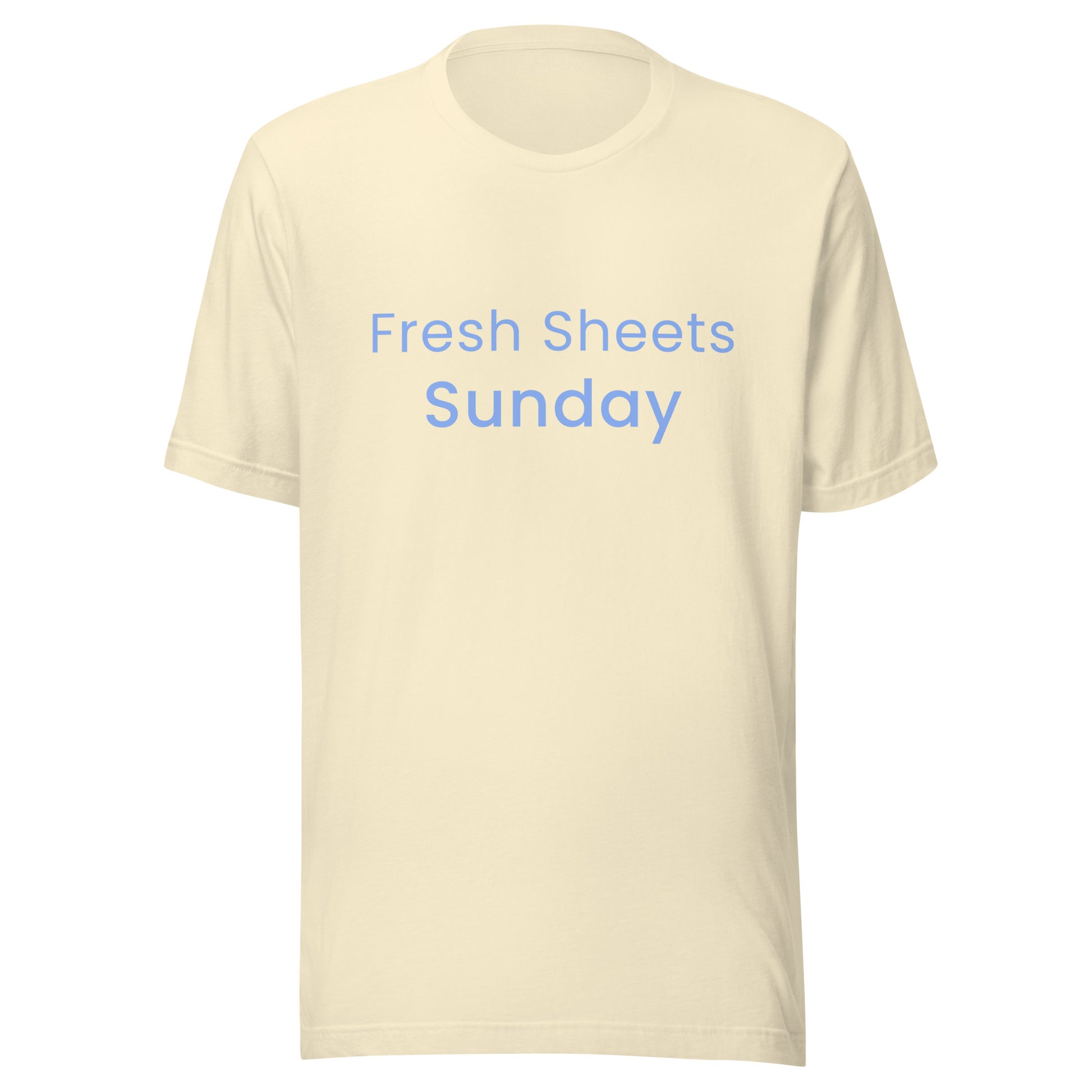 Fresh Sheets Sunday T-Shirt in natural with soft blue text, a Bella+Canvas unisex tee inspired by slow Sundays and fresh bedding.