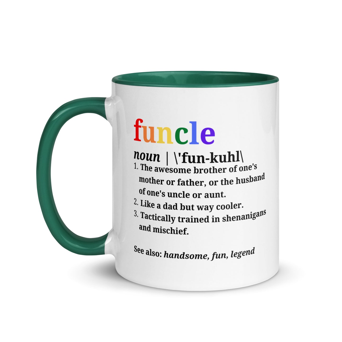 Back view of Funcle ceramic mug showing definition text printed on both sides