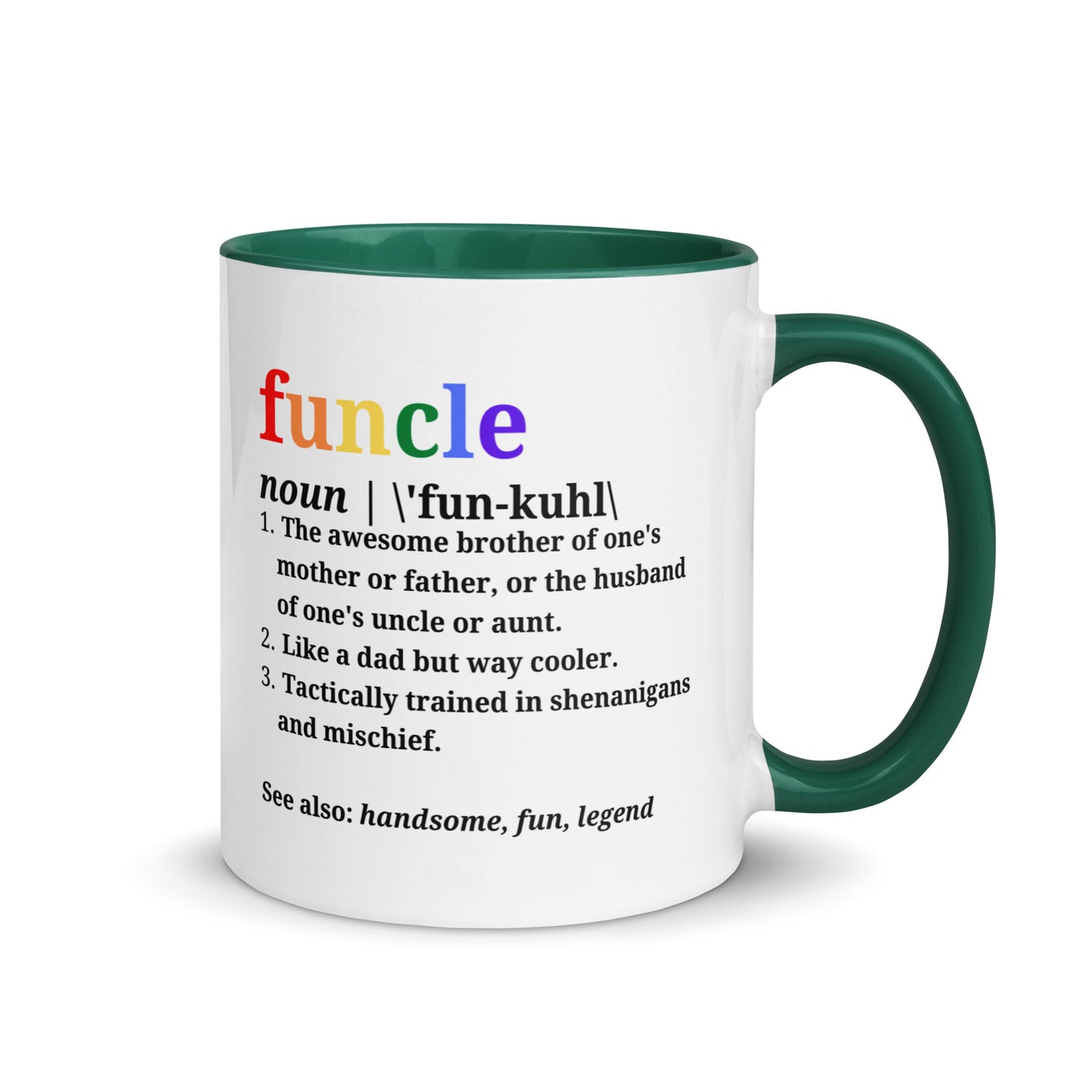 Funcle ceramic mug with dark green interior and handle, definition design on front