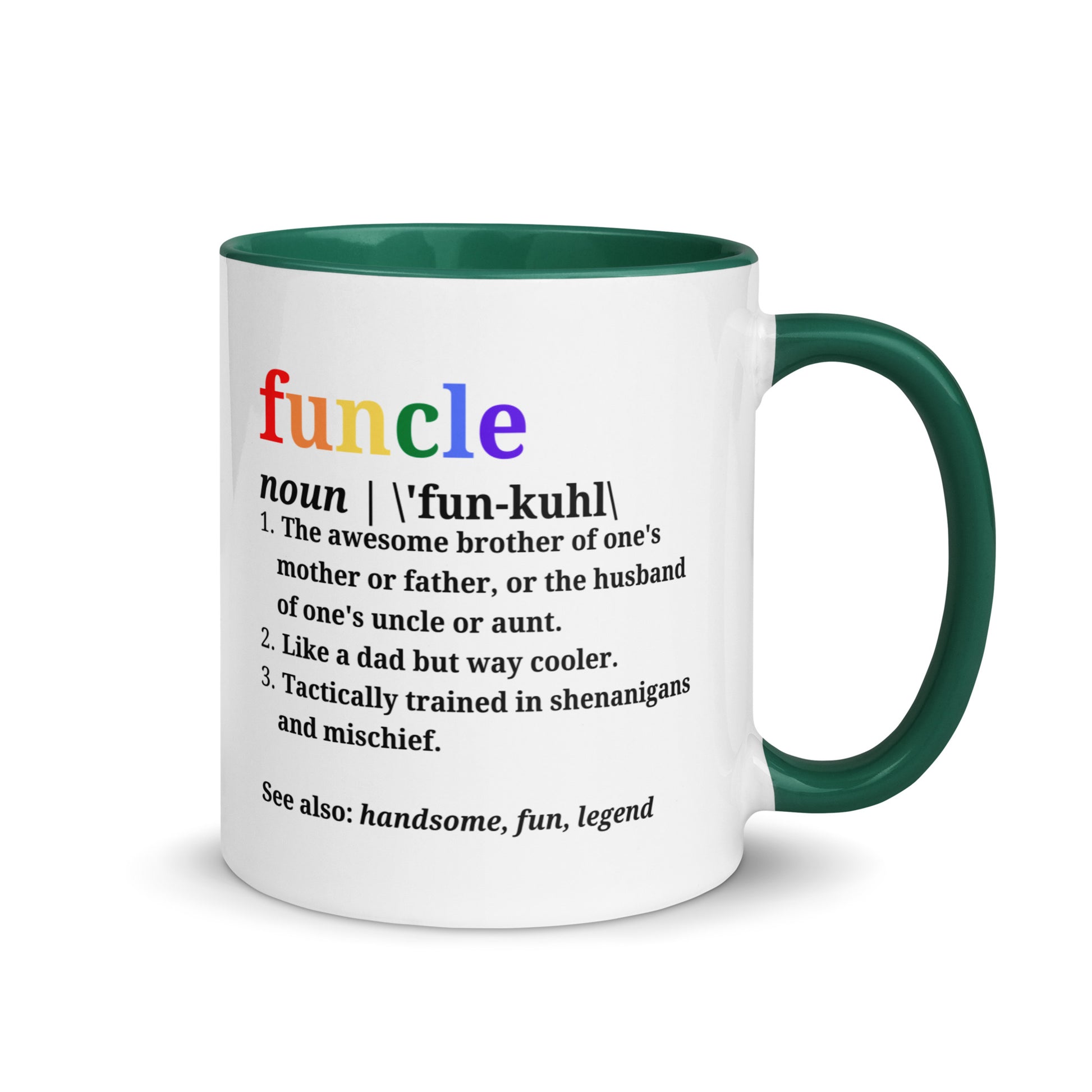 Funcle ceramic mug with dark green interior and handle, definition design on front