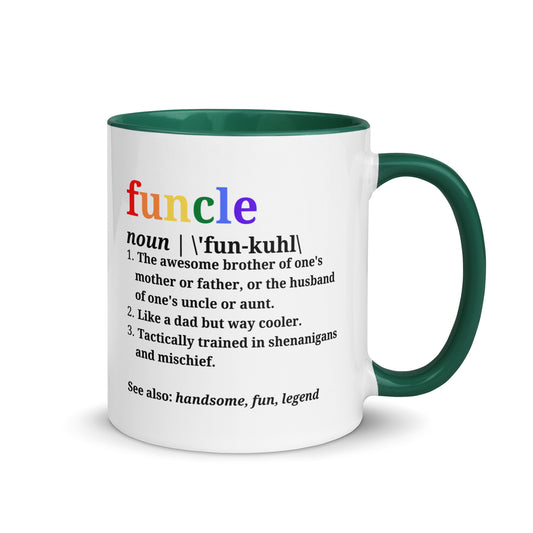 Funcle ceramic mug with dark green interior and handle, definition design on front
