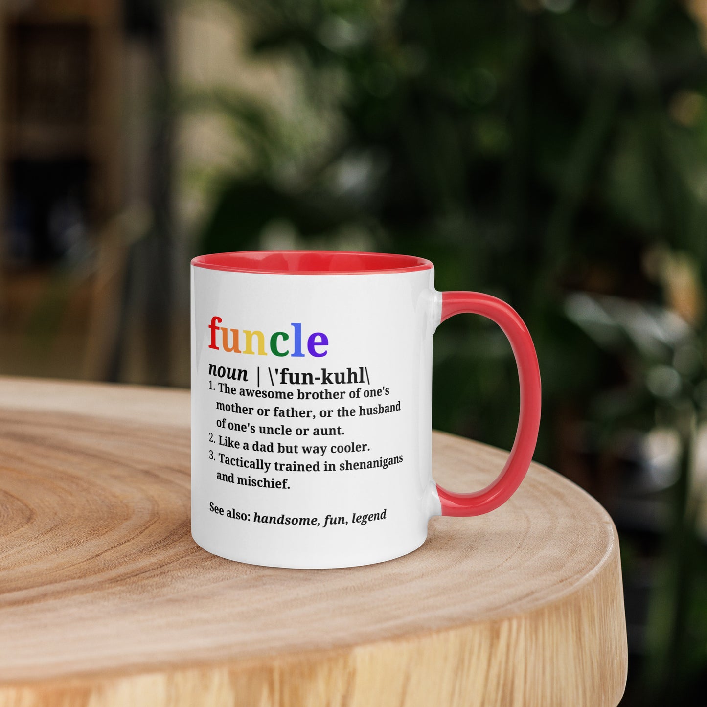 Funcle ceramic mug with red interior placed on wooden table in home setting