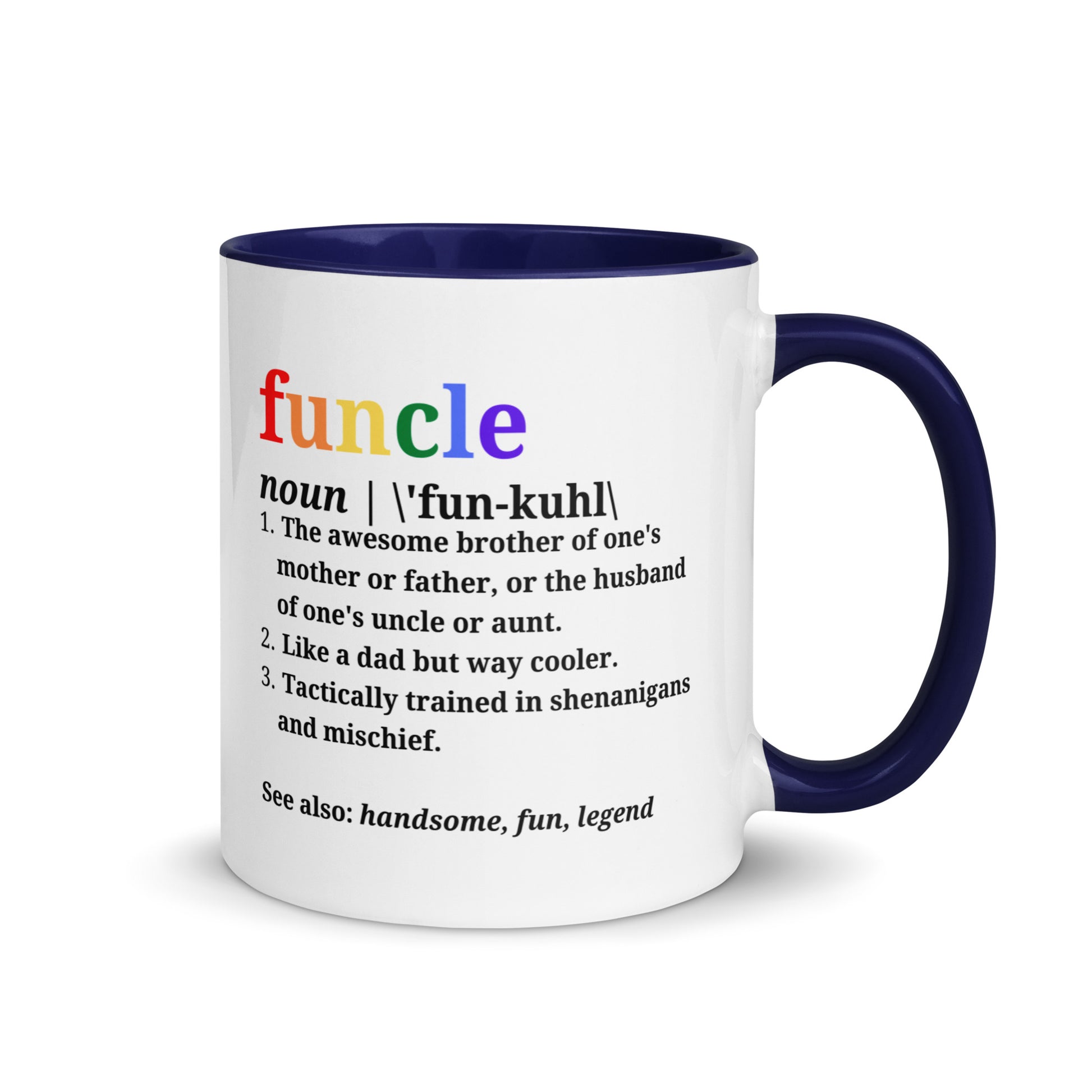 Funcle ceramic mug with navy-blue interior and handle, definition design on front
