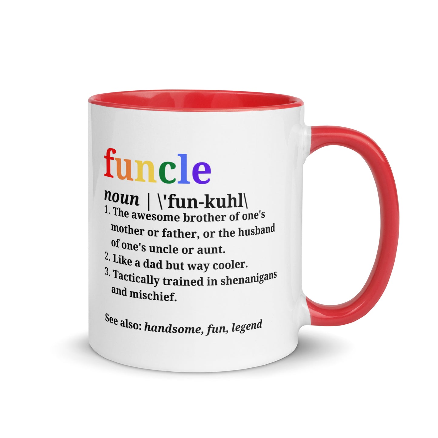 Funcle ceramic mug with red interior and handle, definition design on front