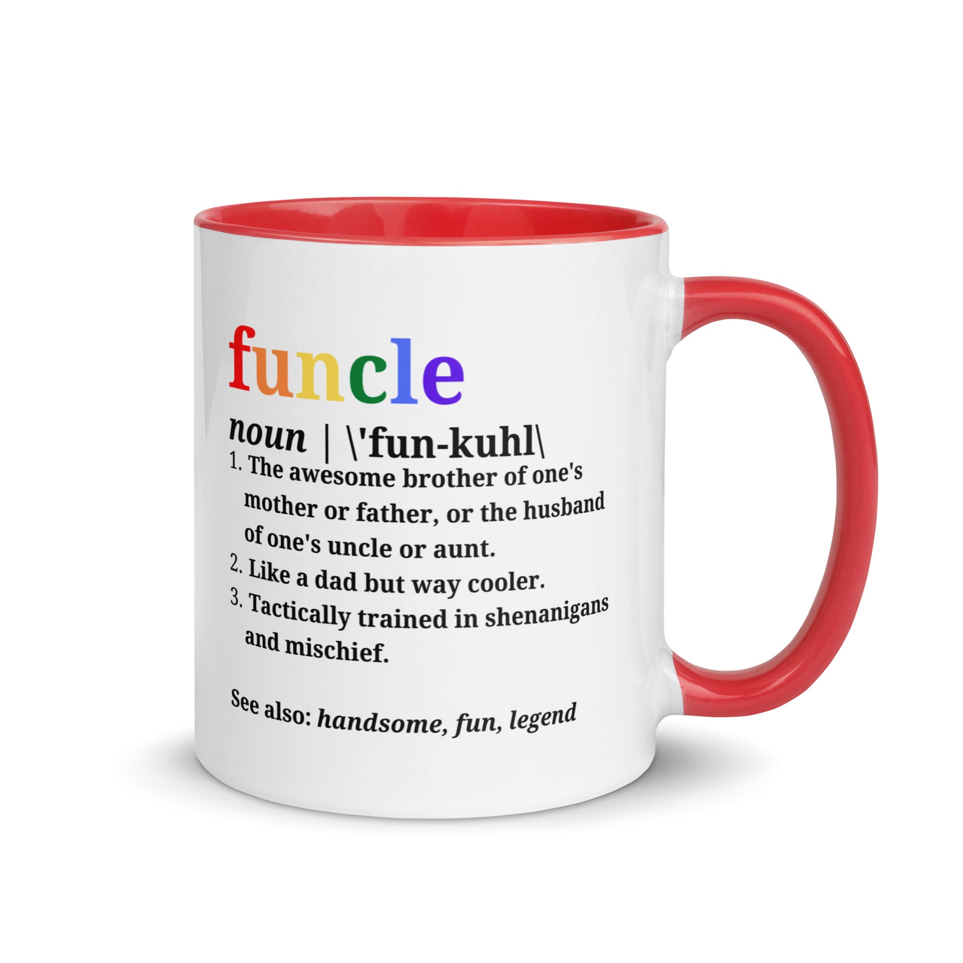 Funcle ceramic mug with red interior and handle, definition design on front