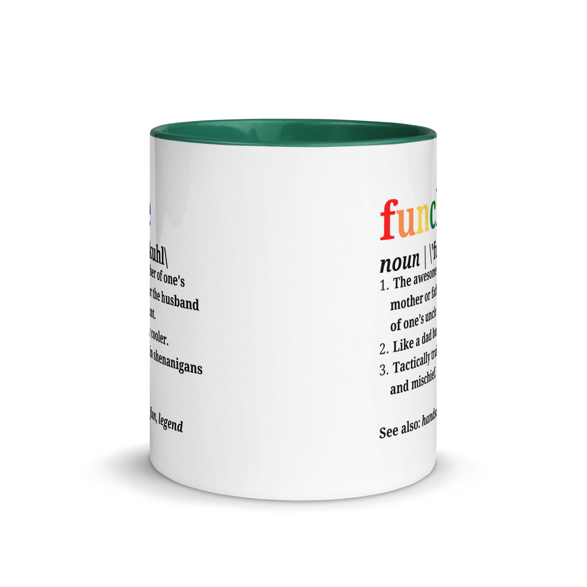 Side view of Funcle ceramic mug with dark green handle