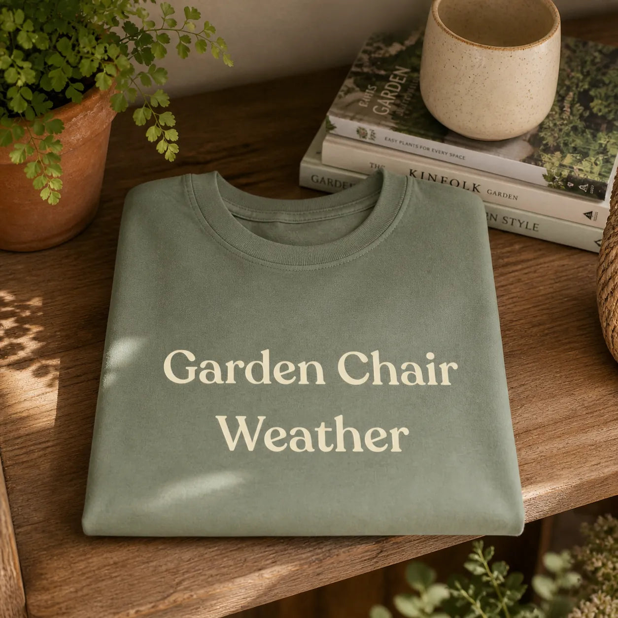 Folded Garden Chair Weather T-Shirt in Sage displayed on a wooden shelf with soft outdoor-inspired styling.