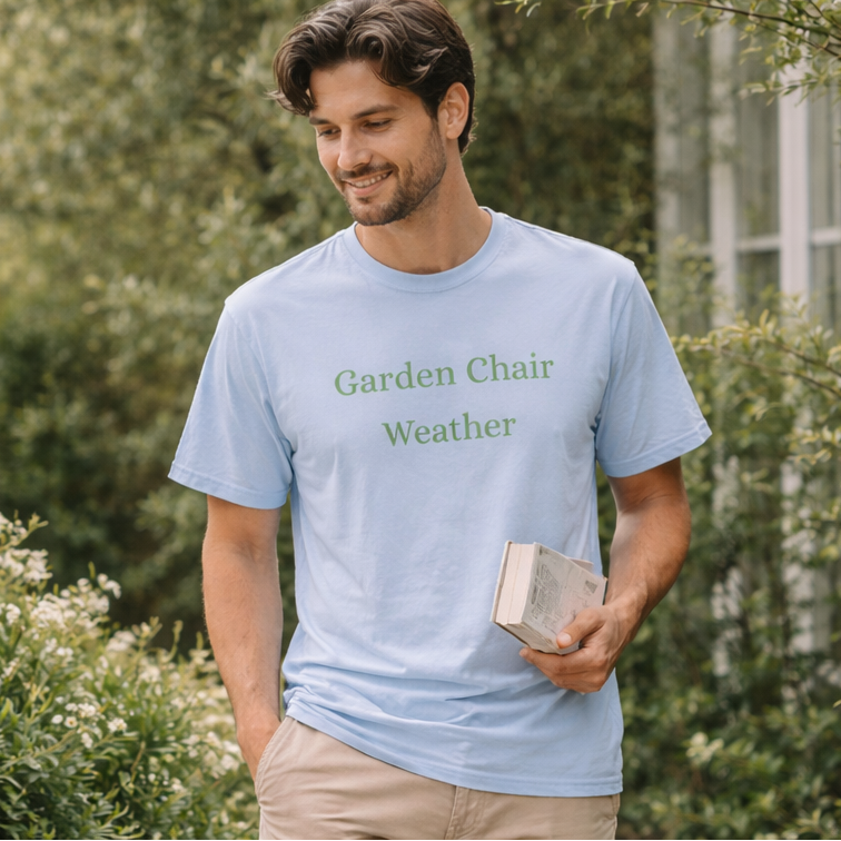 Man standing outdoors wearing chambray Garden Chair Weather Comfort Colors T-shirt