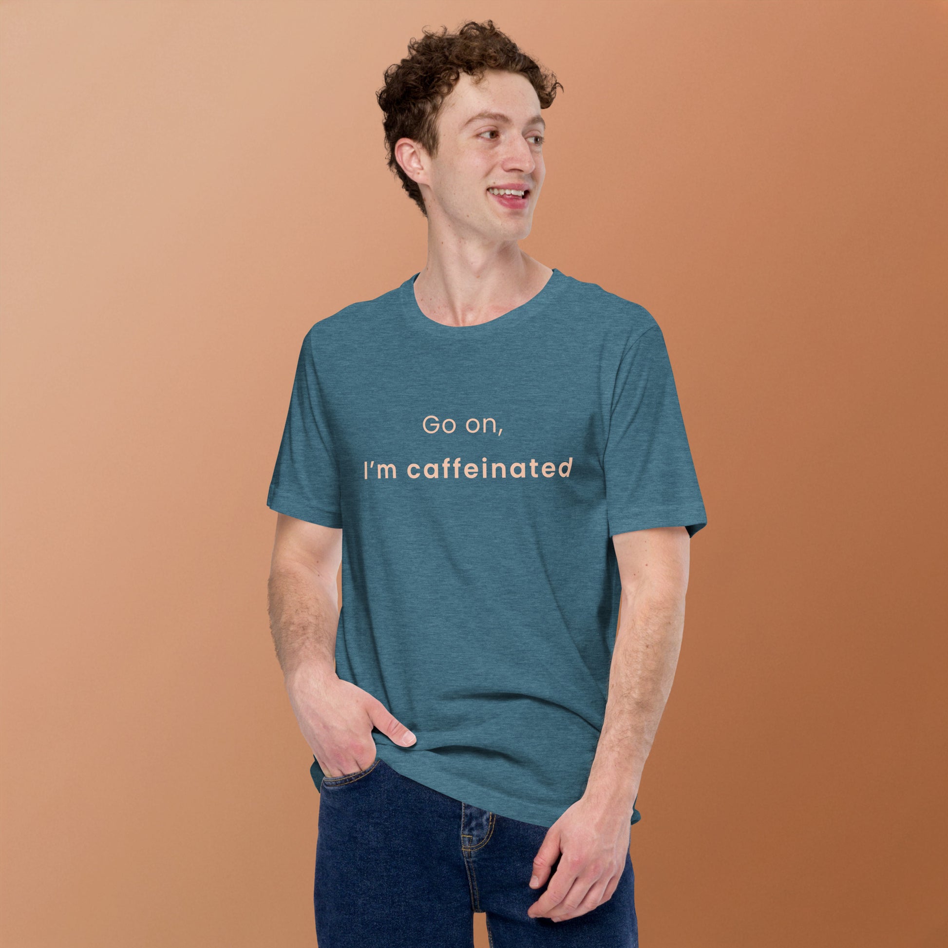 Man wearing teal coffee lover slogan T-shirt