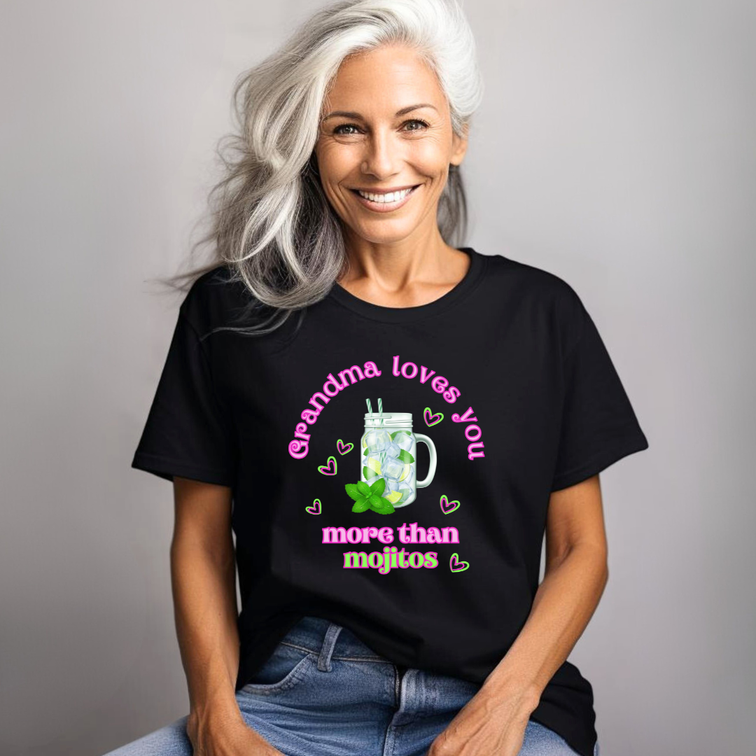 Lifestyle photo of smiling grandma wearing the mojito slogan T-shirt