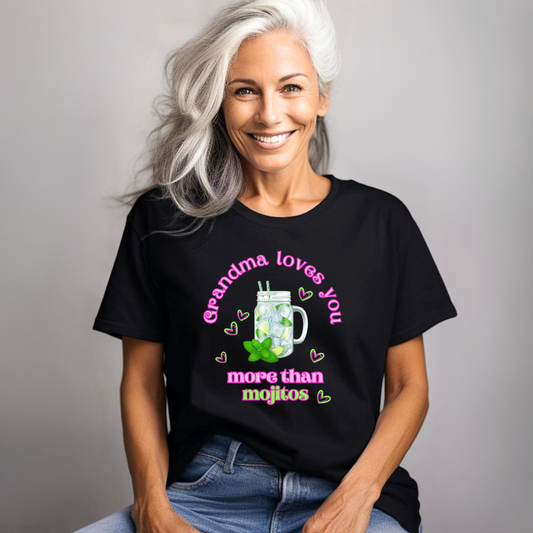 Lifestyle photo of smiling grandma wearing the mojito slogan T-shirt